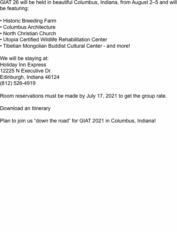 GIAT 19 will be held in South Bend, Indiana, Wednesday, July 31